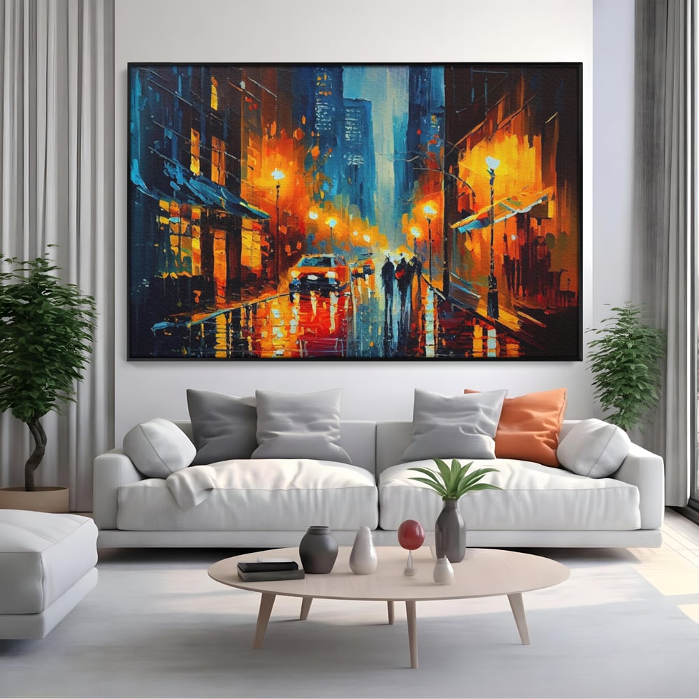 Tablou canvas cu pictura stradala cu oras plouat, in rama de aluminiu negru, pe perete intr-un living